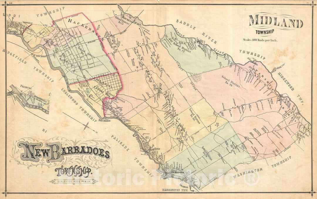 Historic Map : Midland & New Barbadoes, New Jersey, Walker, 1876, Vintage Wall Art