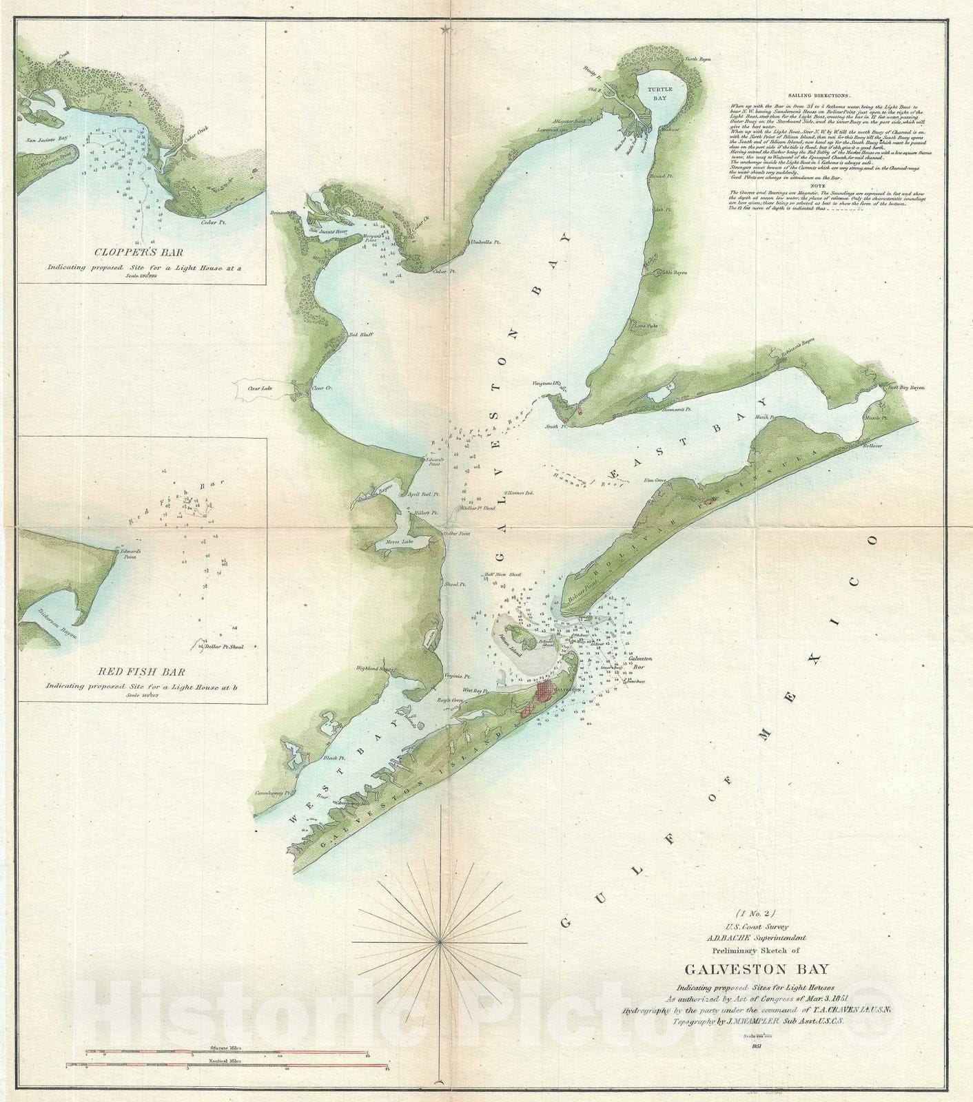 Historic Map Nautical Chart Galveston Bay, Texas, U.S. Coast Survey