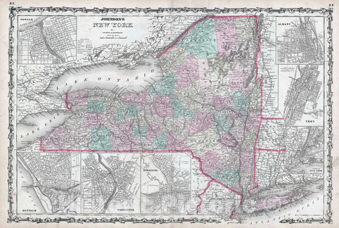 Historic Map : New York State, Johnson, 1861, Vintage Wall Art