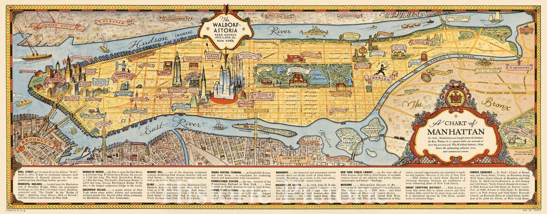 Historic Map : Pictorial map of Manhattan, New York City, Annand, 1936, Vintage Wall Art