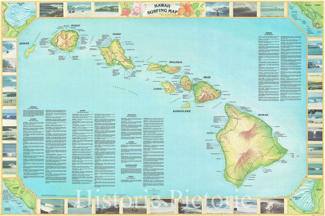 Historic Map : The Hawaiian Islands, Wright Surfing, 1982, Vintage Wall Art