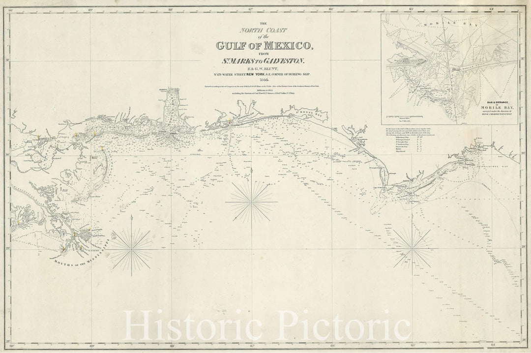 Historic Map : Nautical Chart Gulf Coast from Mississippi River Delta to St. Marks, Florida, Blunt, 1844, Vintage Wall Art