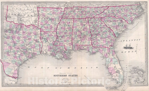 Historic Map : Texas, Florida and The Southern States, Walling, 1868, Vintage Wall Art