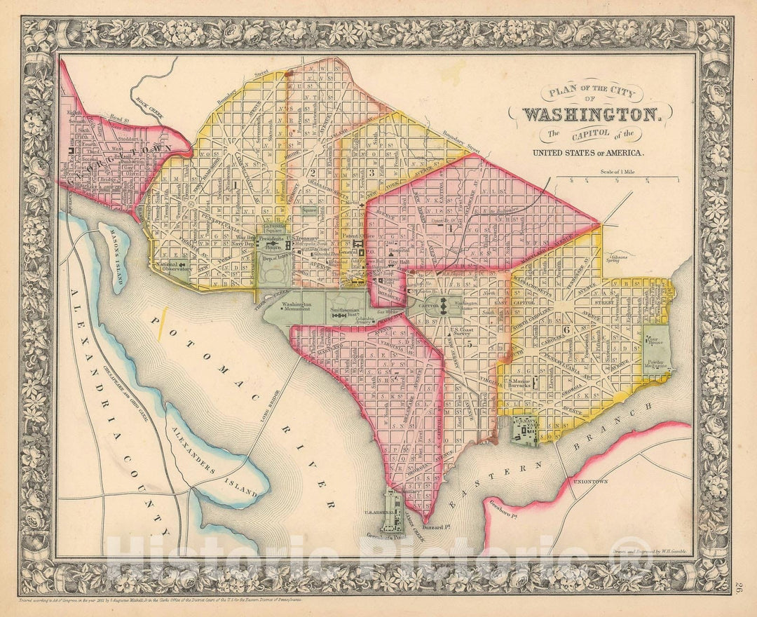Historic Map : Plan of Washington D. C., Mitchell, 1864 v1, Vintage Wall Art