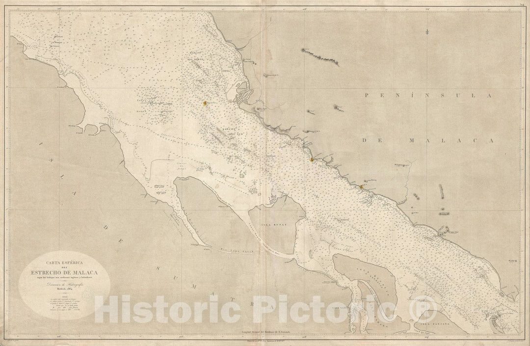 Historic Map : Nautical Chart The Strait of Malacca, Direccion Hydrografica, 1864, Vintage Wall Art