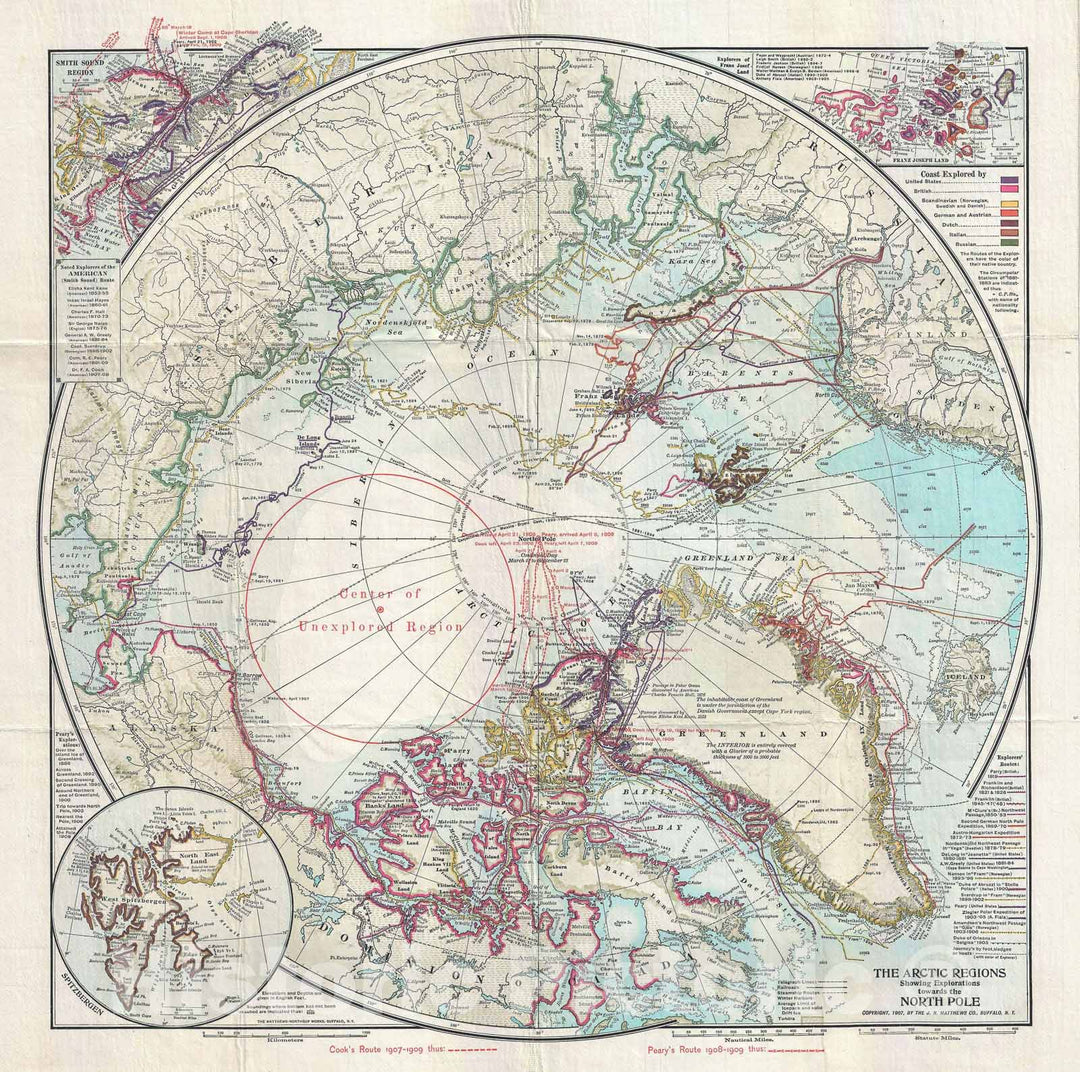 Historic Map : The North Pole showing conflicting claims of Cook and Peary, J. N. Matthews, 1909, Vintage Wall Art