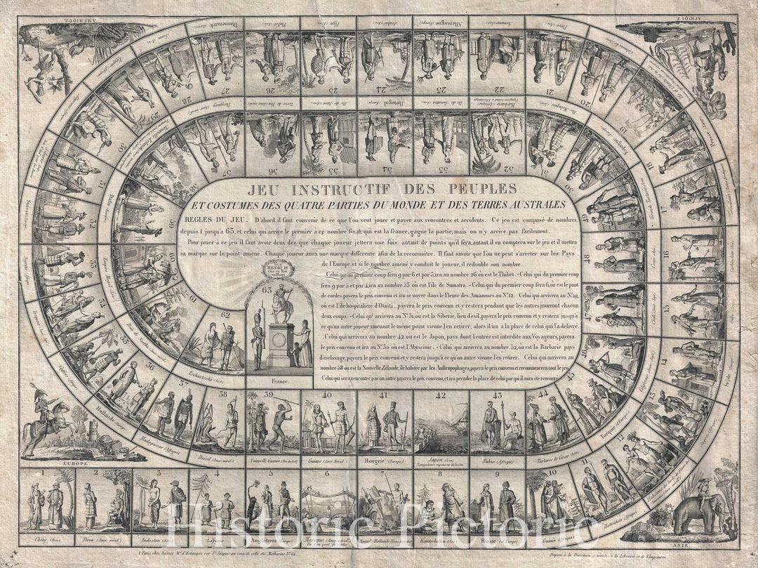 Historic Map : Basset Jeux de L'Oie or Around The World Board Game, 1815, Vintage Wall Art