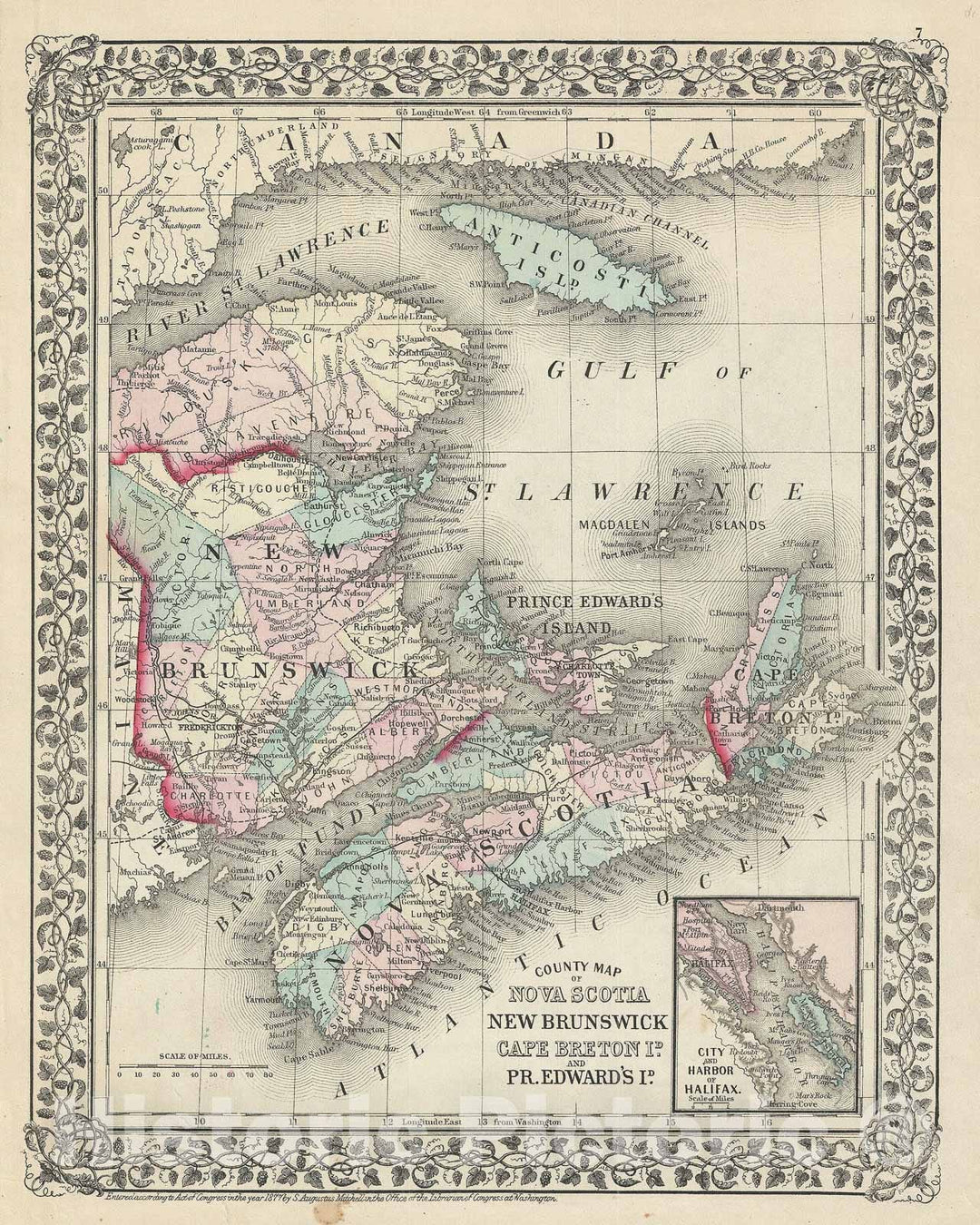 Historic Map : New Brunswick and Nova Scotia, Canada, Mitchell, 1877, Vintage Wall Art
