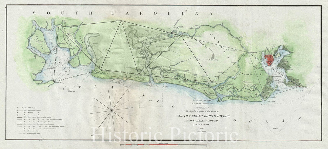 Historic Map : The North and South Edisto Rivers, South Carolina "Charleston", U.S. Coast Survey, 1852, Vintage Wall Art