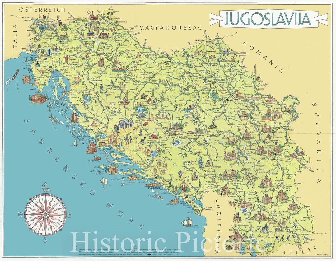 Historic Map : Pictorial Map of Yugoslavia, Kopac, 1954, Vintage Wall Art