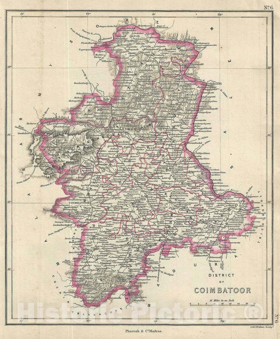 Historic Map : The Coimbarote District, Tamil Nadu, India, Pharoah, 1854, Vintage Wall Art
