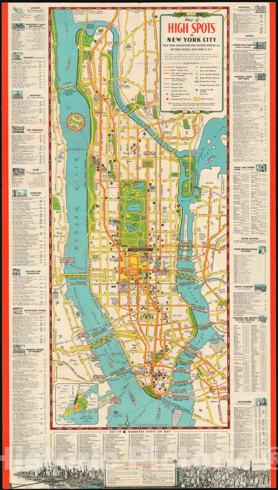 Historic Map : New York and its Tourist Attractions, Hagstrom, 1949, Vintage Wall Art