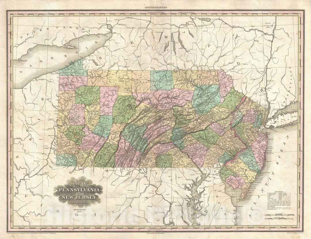 Historic Map : Pennsylvania and New Jersey, Tanner, 1825, Vintage Wall Art