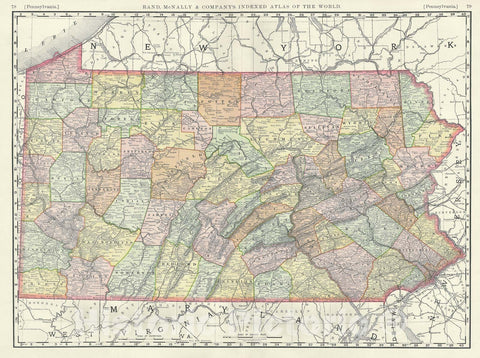 Historic Map : Pennsylvania, United States, Rand McNally, 1888, Vintage Wall Art