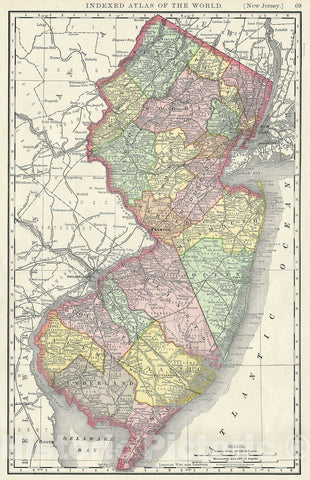 Historic Map : New Jersey, United States, Rand McNally, 1893, Vintage Wall Art