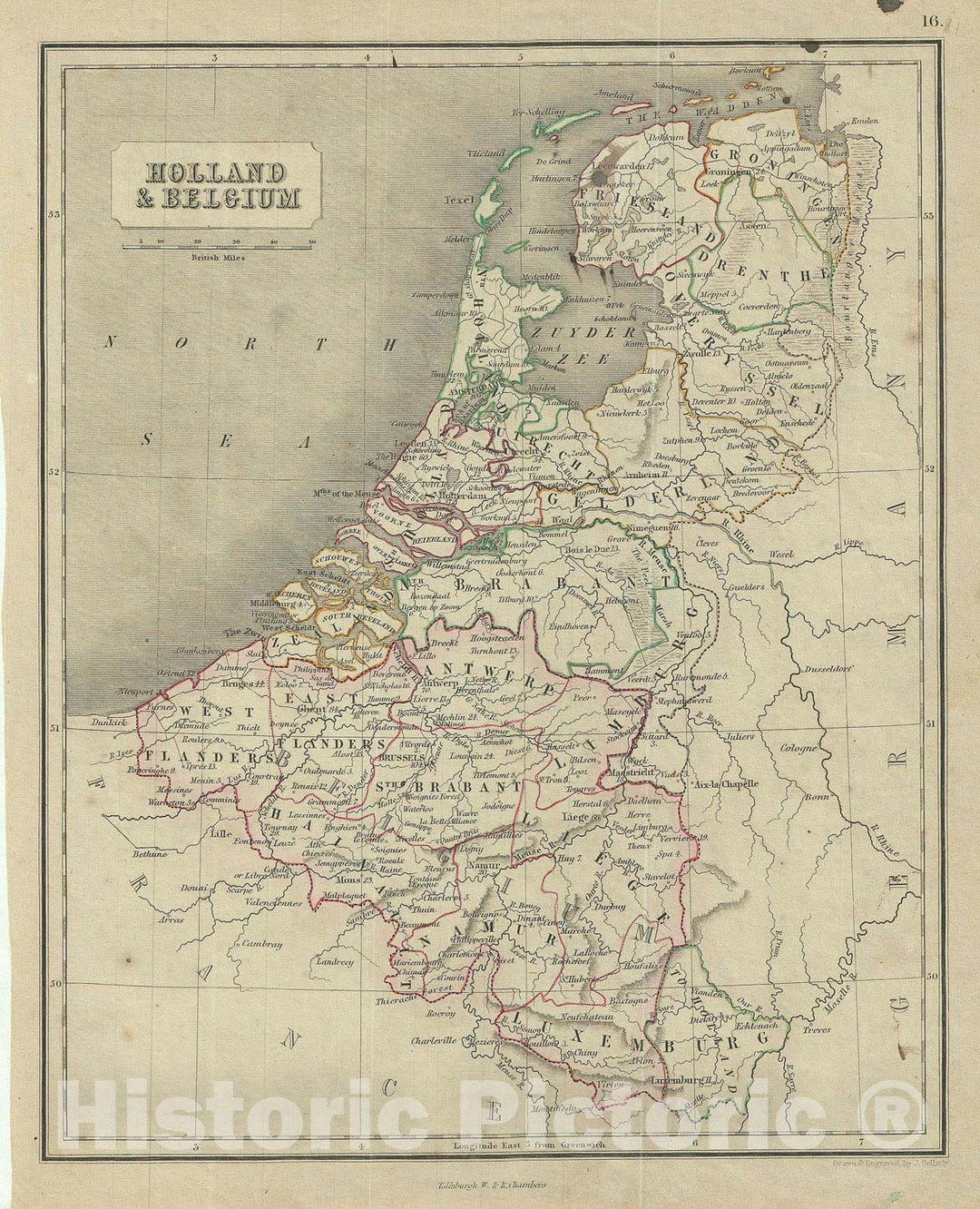 Historic Map : Holland and Belgium, Chambers, 1845, Vintage Wall Art