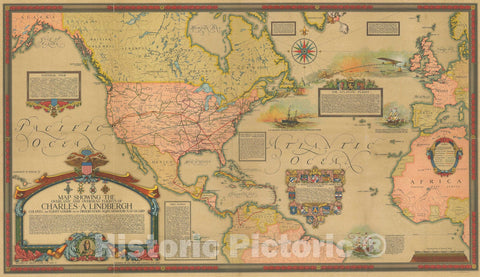 Historic Map : Clegg Pictorial Map of The World Tracing The Flights of Charles Lindbergh, 1928, Vintage Wall Art