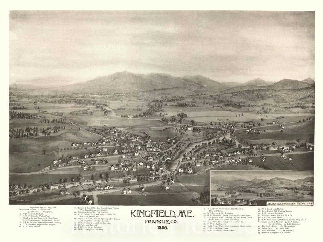 Historic Map : Kingfield, Maine and Sugarloaf Mountain, Norris, 1895, Vintage Wall Art