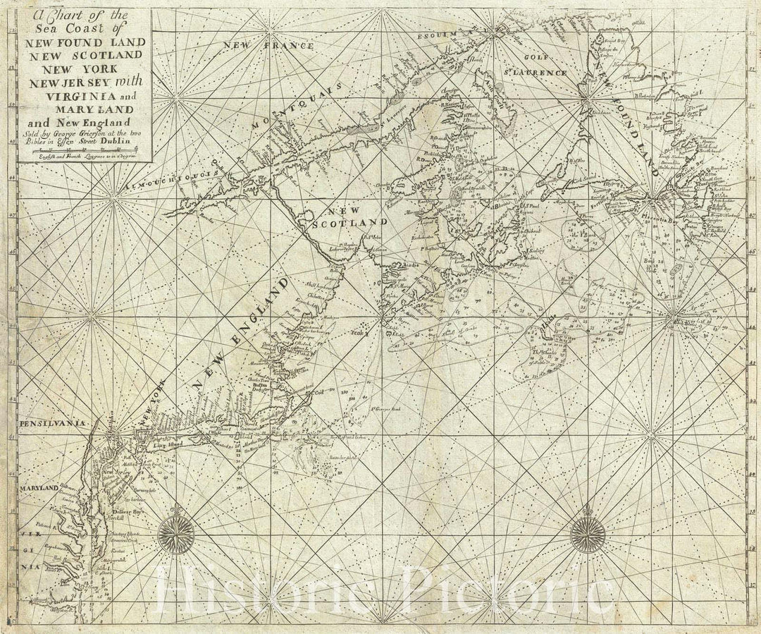 Historic Map : Nautical Chart New England, New York, Maritime Provinces, Grierson 'Pirate', 1749, Vintage Wall Art