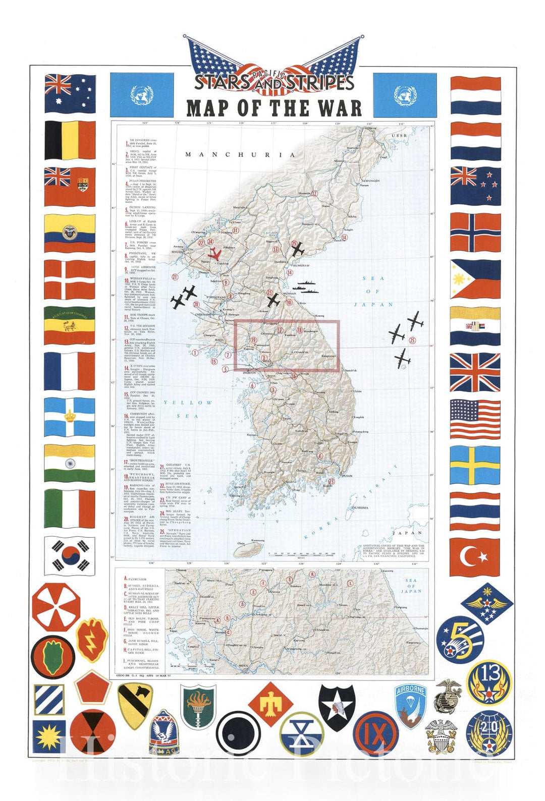 Historic Map : The Korean War, Pacific Stars and Stripes, 1953, Vintage Wall Art