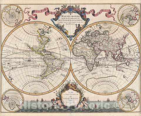 Historic Map : Pierre Mortier and Nicolas Sanson Map of The World in Hemispheres, 1696, Vintage Wall Art