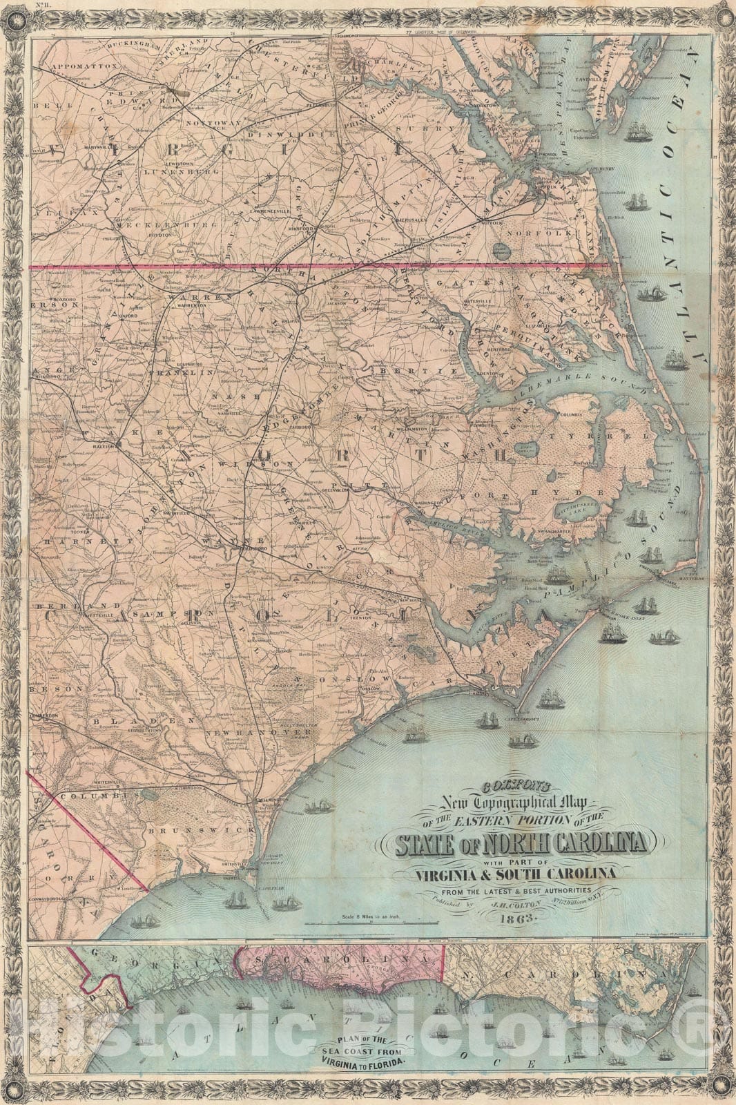 Historic Map : Eastern North Carolina w/interesting provenance, Colton, 1863, Vintage Wall Art