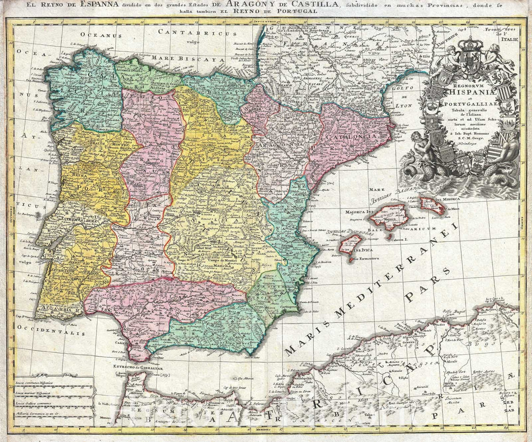 Historic Map : Homann Map of Spain and Portugal , 1730, Vintage Wall Art