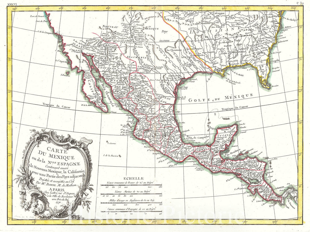 Historic Map : Bonne Map of Mexico (Texas), Louisiana and Florida, 1771, Vintage Wall Art