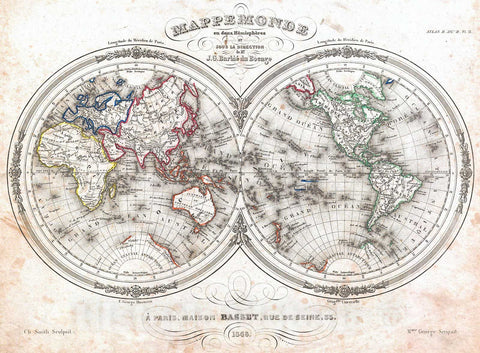 Historic Map : Barbie du Bocage Map of The World in Hemispheres, 1848, Vintage Wall Art
