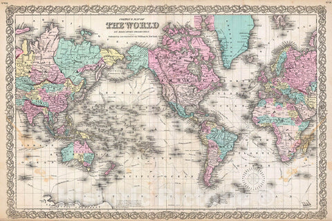 Historic Map : Colton Map of The World on Mercator Projection, 1855, Vintage Wall Art