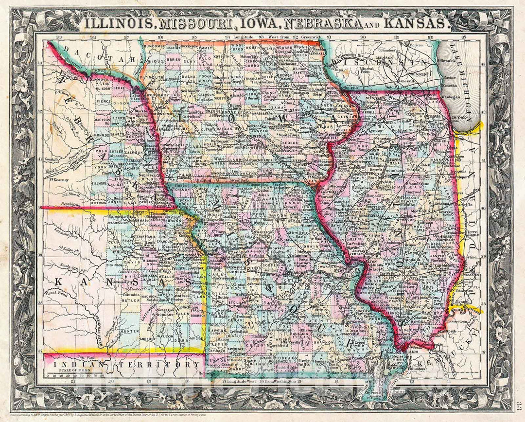 Historic Map : Mitchell Map of Iowa, Missouri, Illinois, Nebraska and Kansas , 1860, Vintage Wall Art