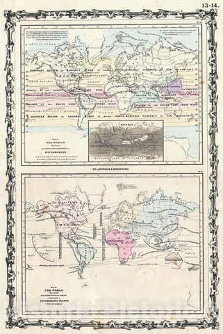 Historic Map : Johnson Climate Map of The World w Meteorology, Rainfall, and Plants, 1861, Vintage Wall Art