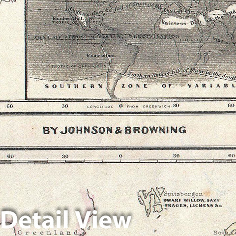Historic Map : Johnson Climate Map of The World w Meteorology, Rainfall, and Plants, 1861, Vintage Wall Art