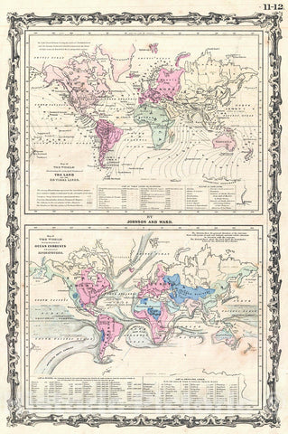 Historic Map : Johnson Map of The World Currents and CoTidal Lines, 1862, Vintage Wall Art