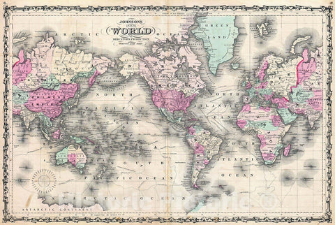 Historic Map : Johnson Map of The World on Mercator Projection, 1862, Vintage Wall Art