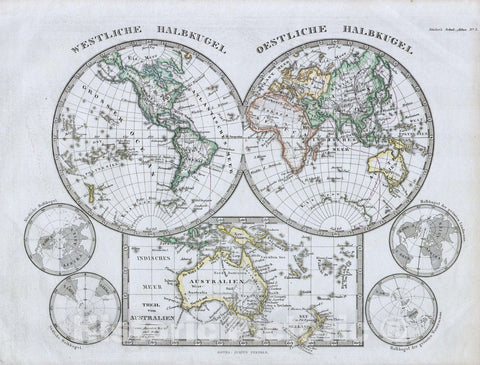 Historic Map : Stieler Hemisphere Map of The World, 1862, Vintage Wall Art