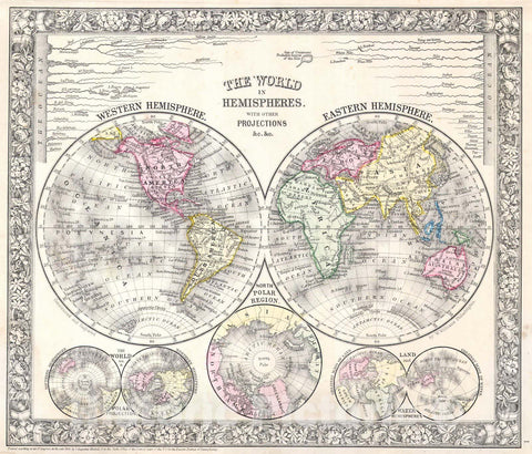 Historic Map : Mitchell Map of The World on Hemisphere Projection , 1864, Vintage Wall Art