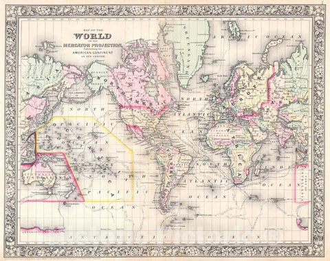 Historic Map : Mitchell Map of The World on Mercator Projection, 1864, Vintage Wall Art