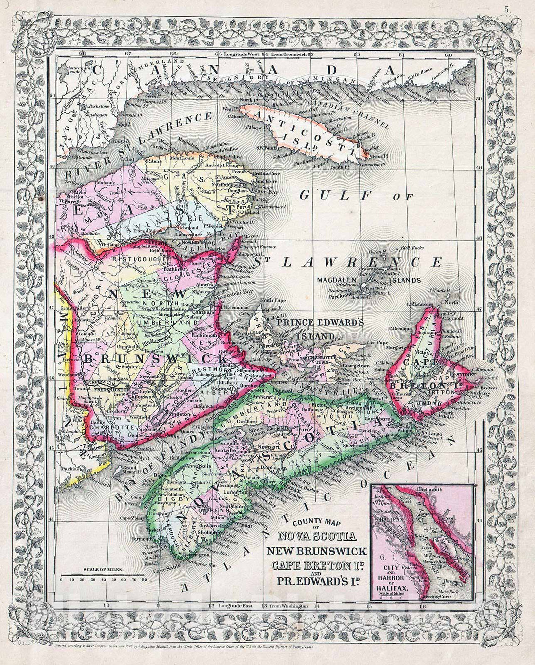 Historic Map : Mitchell Map of New Brunswick and Nova Scotia, Canada, 1866, Vintage Wall Art