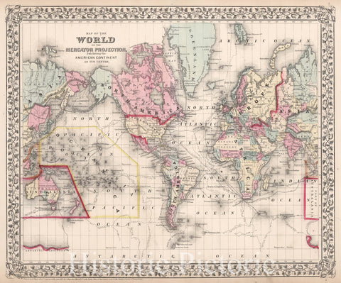 Historic Map : Mitchell Map of The World on Mercator Projection , 1866, Vintage Wall Art