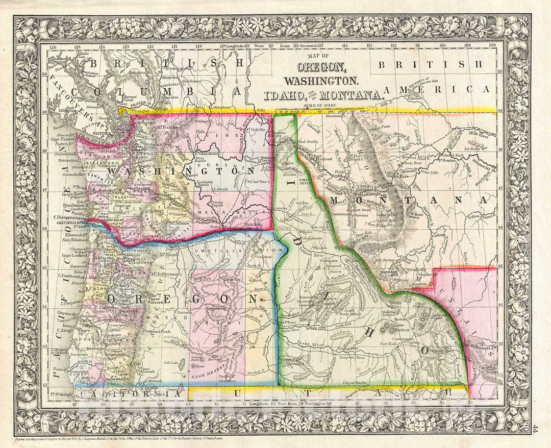 Historic Map : Mitchell Map of Washington, Oregon, Idaho and Montana , 1866, Vintage Wall Art