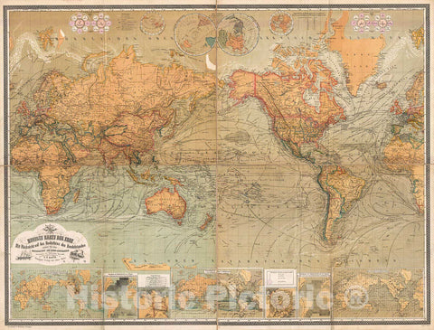 Historic Map : Baur and Bromme Map of The World on Mercator Projection, 1870, Vintage Wall Art