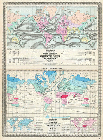 Historic Map : Johnson Map of The World Showing Temperature and Ocean Currents , 1870, Vintage Wall Art