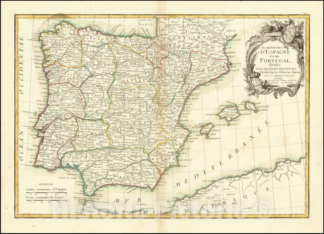 Historic Map : Les Royaumes D'Espagne Et De Portugal divises Par Grandes Provinces, with Balearic Islands, 1762, Vintage Wall Art