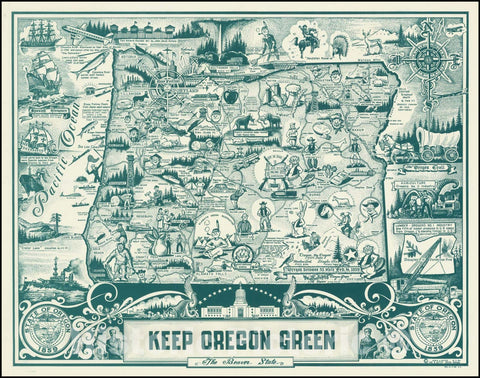Historic Map : Keep Oregon Green.The Beaver State.,1954 (1958), Vintage Wall Art
