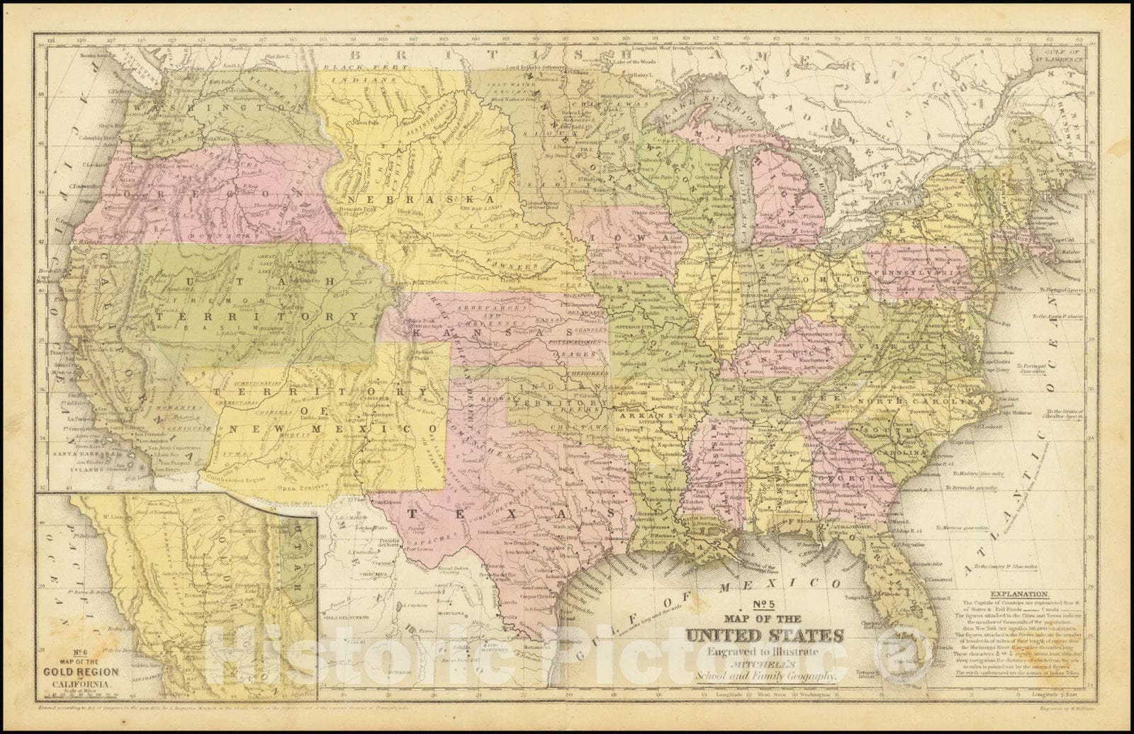 Historic Map : No. 5 United States Engraved to Illustrate Mitchell's School and Family Geography , 1852, Vintage Wall Art