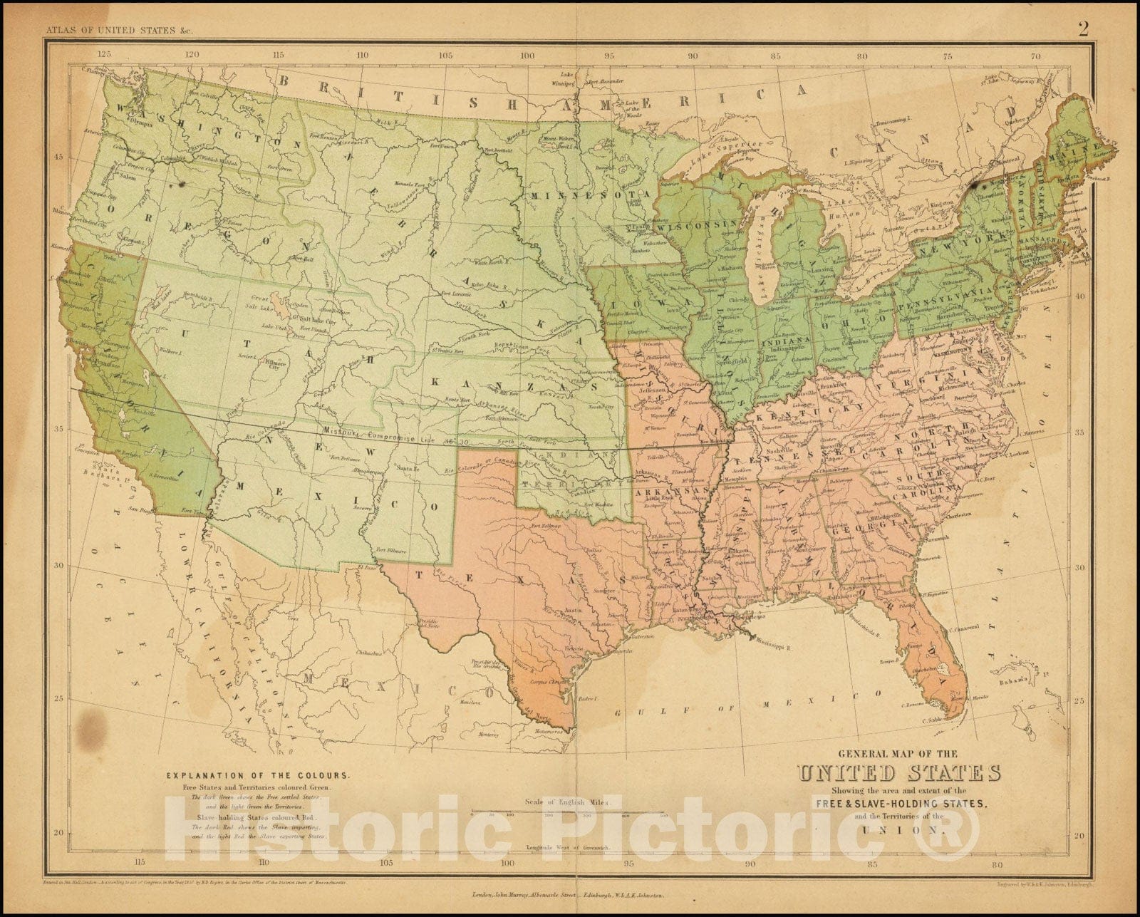 Historic Map : General United States Showing the area and extent of the Free & Slave-Holding States and the Territories of the Union., 1857 v1, Vintage Wall Art