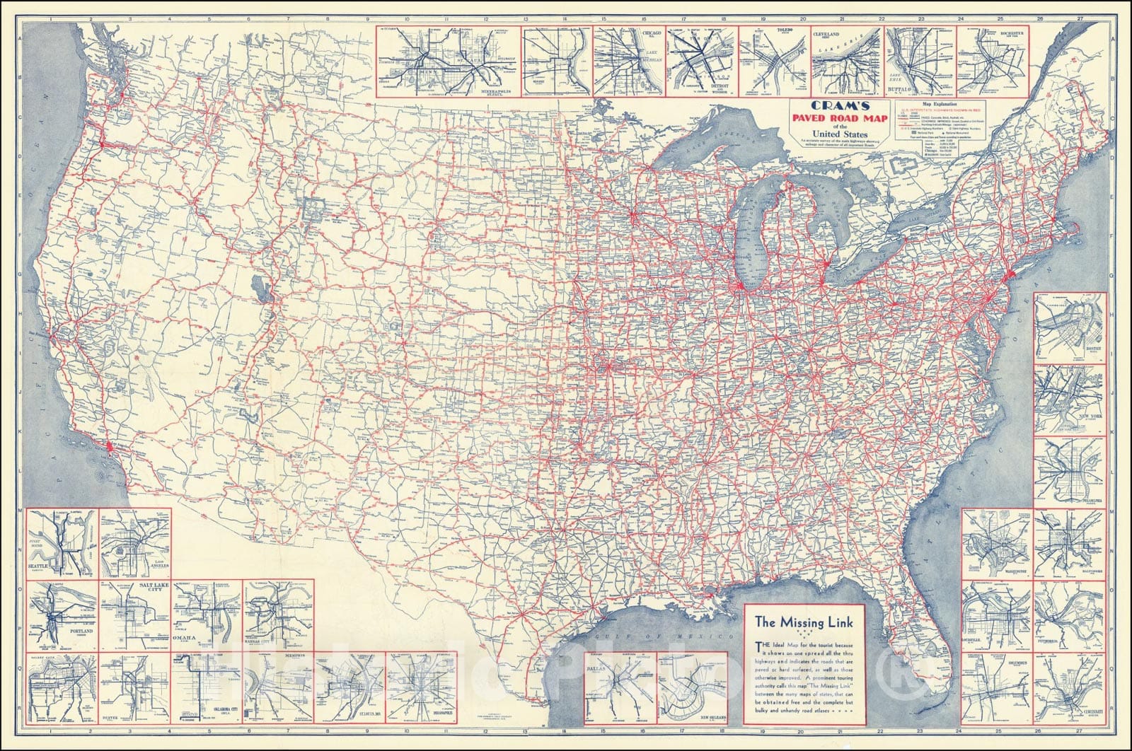 Historic Map : Cram's Paved Road United StatesAn accurate survey of the main highways showing mileage and character of all important Roads, 1930, Vintage Wall Art