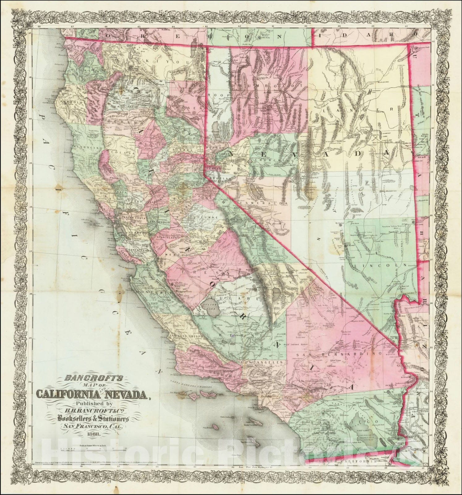 Historic Map : Bancroft's California and Nevada Published by H.H. Bancroft & Co. Booksellers & Stationers... 1868, 1868, Vintage Wall Art