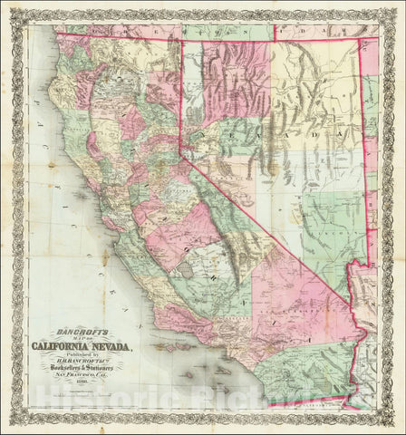 Historic Map : Bancroft's California and Nevada Published by H.H. Bancroft & Co. Booksellers & Stationers... 1868, 1868, Vintage Wall Art